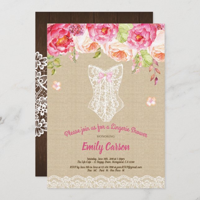 Burlap and lace pink lingerie shower bridal party invitation (Front/Back)