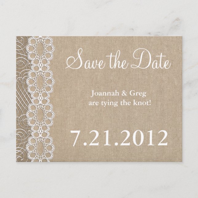 Burlap and Lace Rustic Save the Date Announcement Postcard (Front)