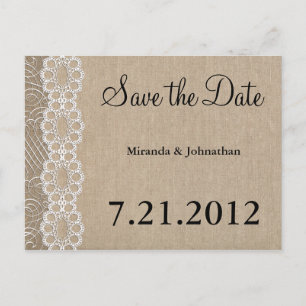 Burlap and Lace Rustic Save the Date Announcement Postcard