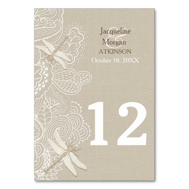 Burlap and Lace Rustic Wedding Table Number Card (Front)