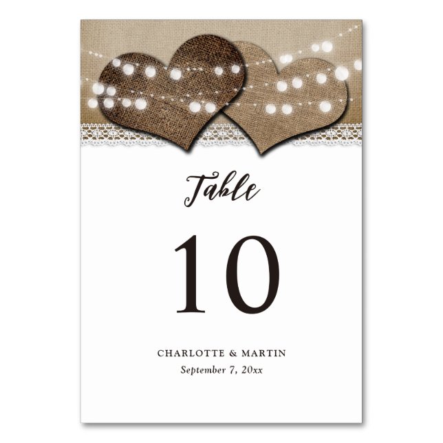 Burlap and Lace String Lights Rustic Country Table Number (Front)