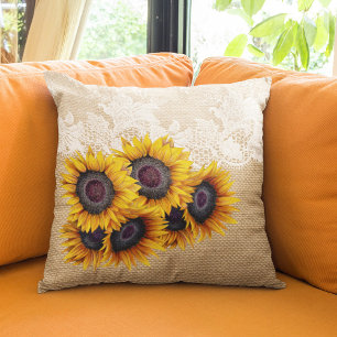 Burlap and lace sunflowers bouquet rustic country cushion