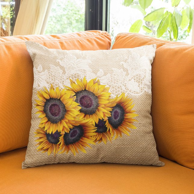 Burlap and lace sunflowers bouquet rustic country cushion (Creator Uploaded)