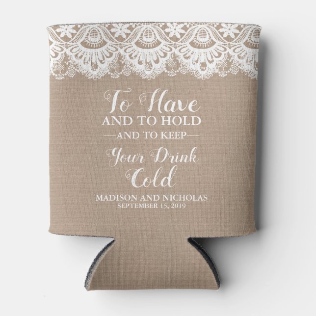 Burlap and Lace Wedding Can Coolers, Rustic Can Cooler (Front)