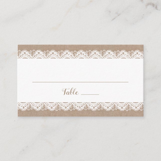 Burlap and Lace Wedding Flat Place Card, Rustic Place Card (Front)