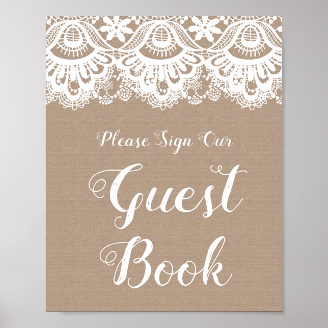Burlap and Lace Wedding Guest Book Sign Poster (Front)