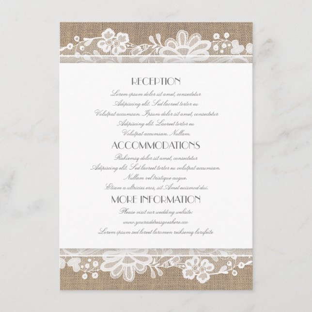 Burlap and Lace Wedding Information Enclosure Card (Front)