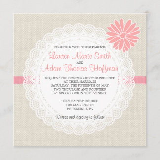 Burlap and Lace Wedding Invitation Coral Pink