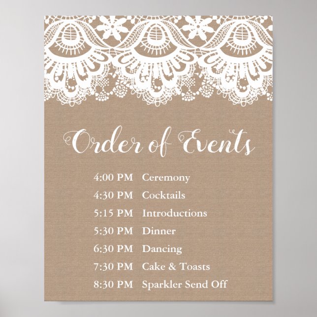 Burlap and Lace Wedding Order of Events Sign (Front)