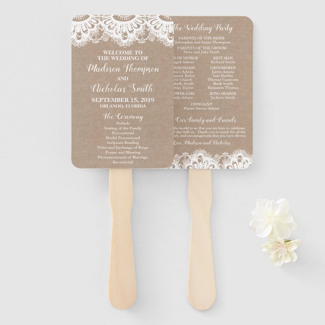 Burlap and Lace Wedding Program Fans, Rustic Hand Fan (Front and Back)
