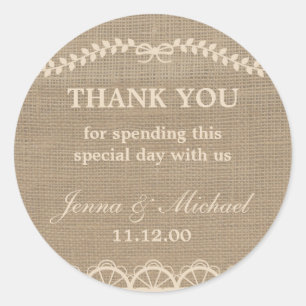 Burlap and Lace wedding thank you favour sticker