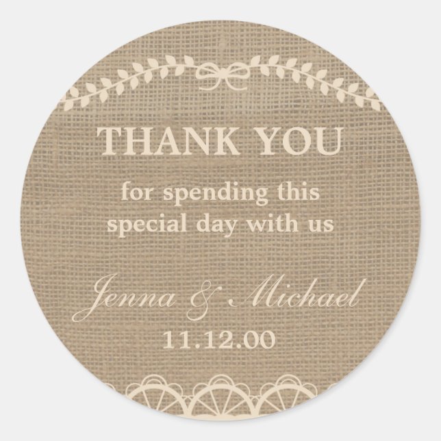 Burlap and Lace wedding thank you favour sticker (Front)