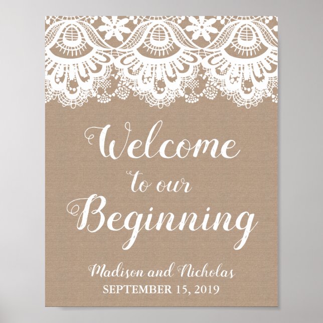 Burlap and Lace Welcome to Our Beginning Sign (Front)
