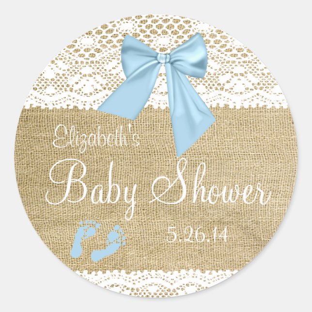 Burlap and Lace with Blue Bow Baby Shower-Favour Classic Round Sticker (Front)