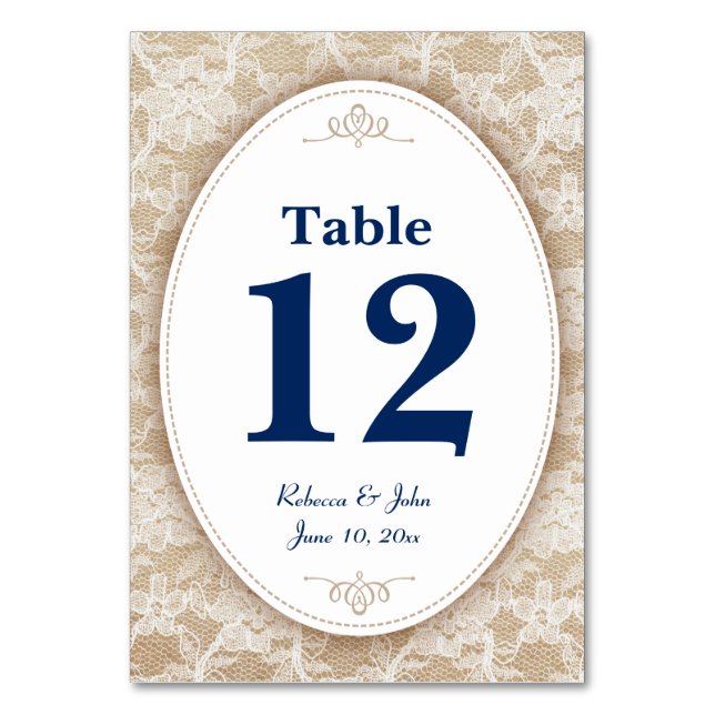 Burlap and Lace with Navy Blue Number Table Number (Front)