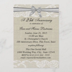Burlap and Lace with Silver Bow 25th Anniversary Invitation