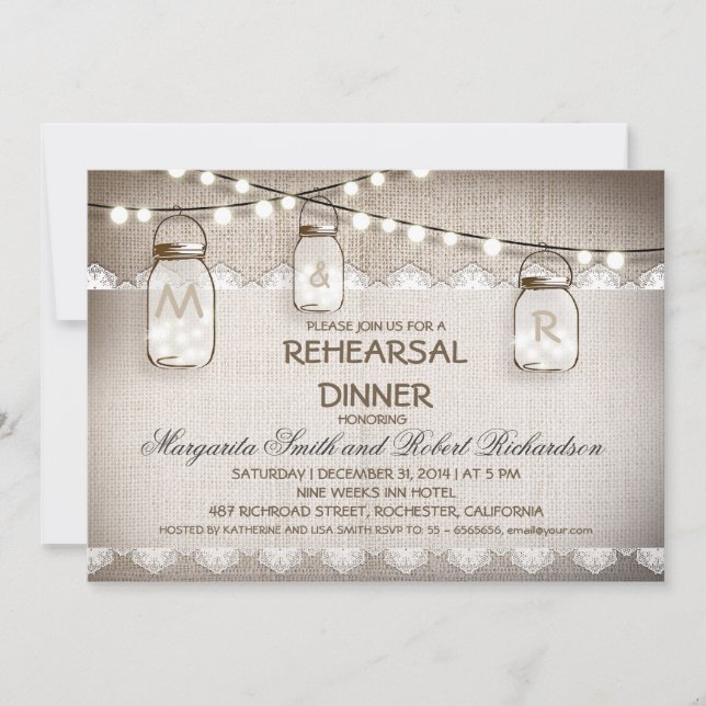 burlap and mason jars rehearsal dinner invitations (Front)