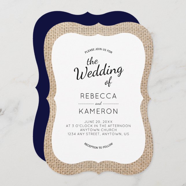 Burlap and Navy Blue Bracket Frame Wedding Invite (Front/Back)