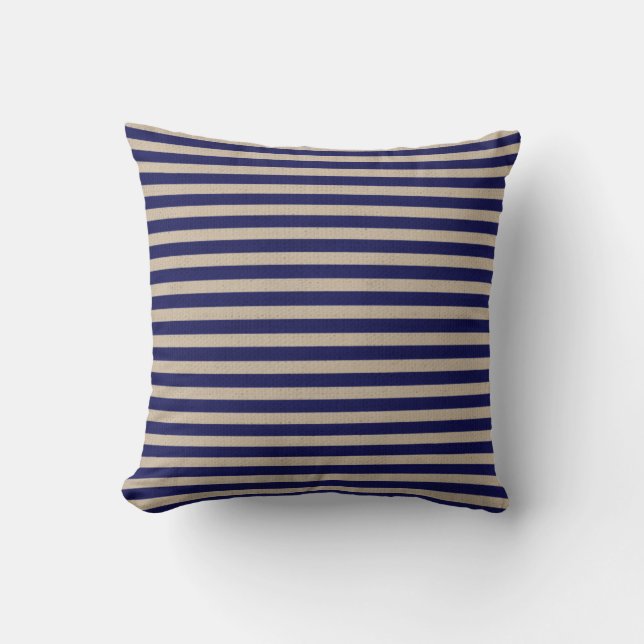 Burlap and Navy Blue Stripe Pillow (Front)