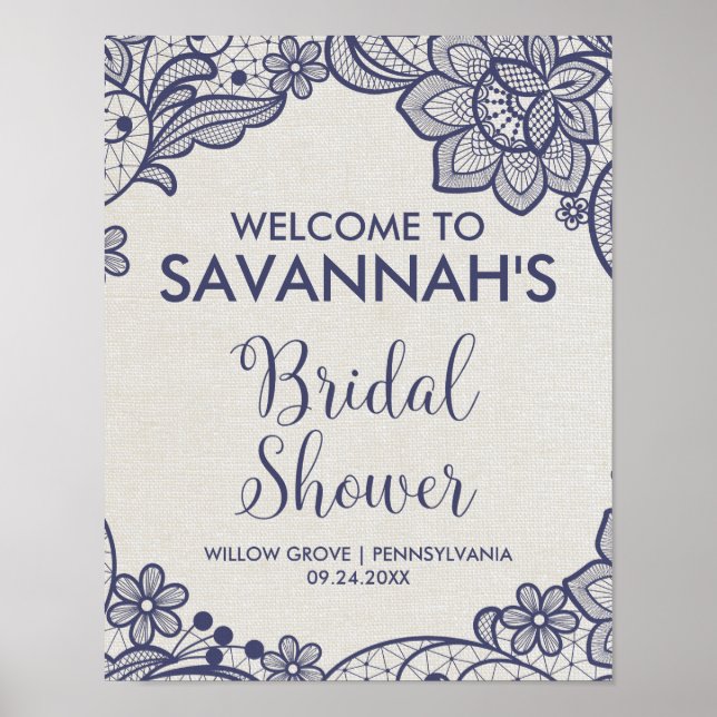 Burlap and Navy Lace Floral Bridal Shower Welcome Poster (Front)