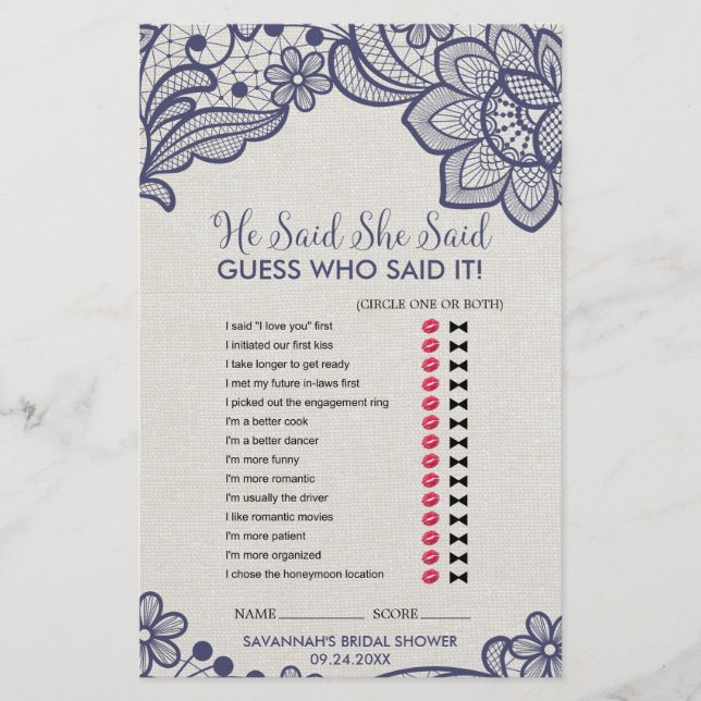 Burlap and Navy Lace "He Said She Said" Game (Front)