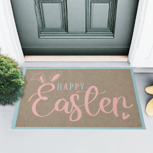 Burlap And Pastels Happy Easter With Bunny Ears Doormat