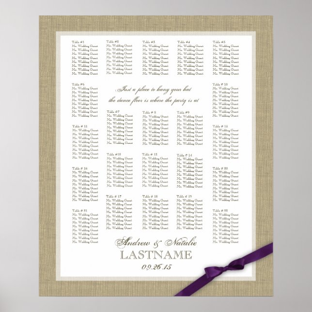 Burlap and Purple Bow Wedding Seating Chart (Front)