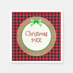 Burlap and Red Buffalo Plaid Dated Christmas Napkin