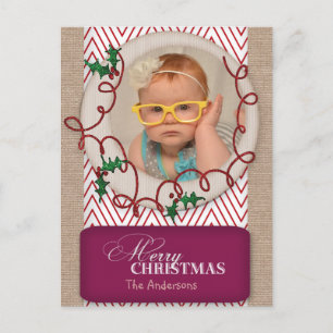 Burlap and Red Chevron Christmas Photo Card