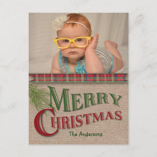 Burlap and Red Plaid Christmas Photo Card