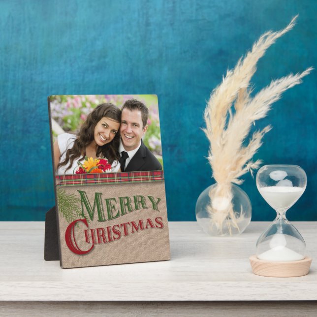 Burlap and Red Plaid Christmas Photo Plaque (Side)