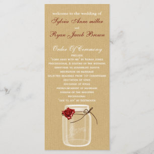 burlap and red rose mason jar wedding program