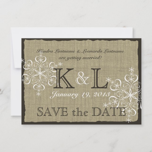 Burlap and Snowflakes Save the Date (Front)