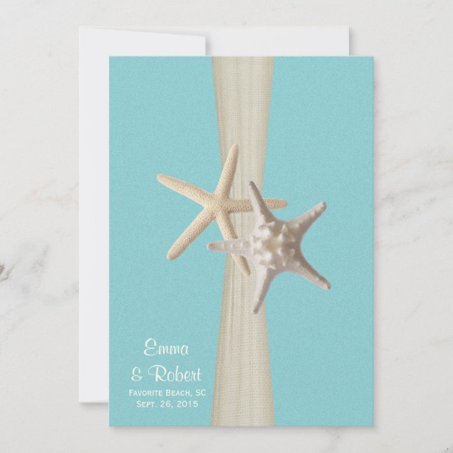 Burlap and Starfish Aqua Beach Wedding Invitation (Front)