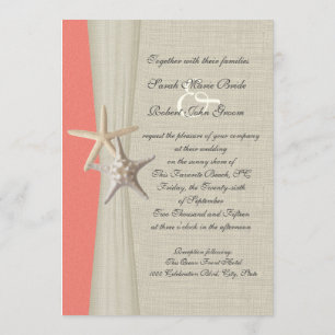 Burlap and Starfish Shell Coral Beach Wedding Invitation