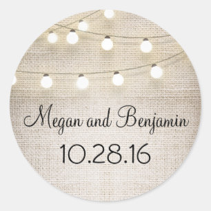 Burlap and String Lights Rustic Classic Round Sticker