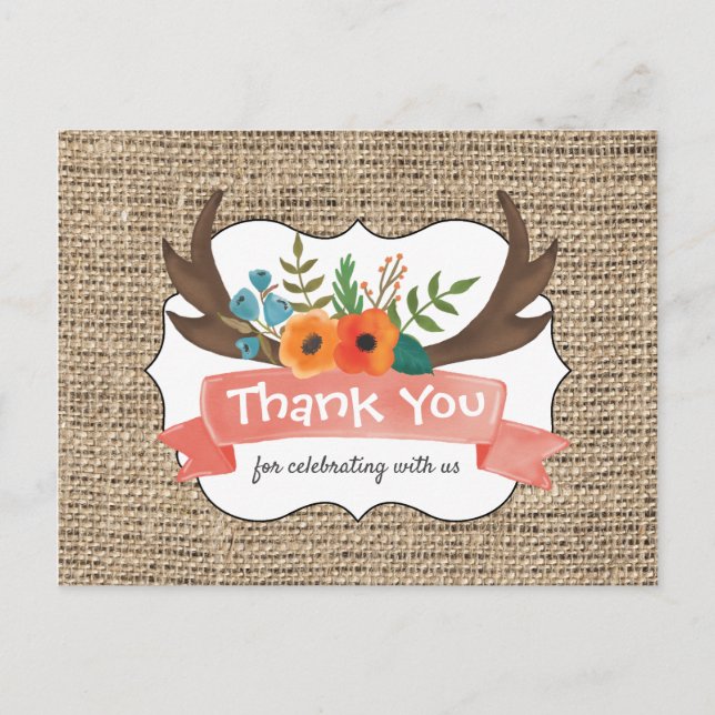 Burlap Antler Floral Baby Shower Thank You Postcard (Front)