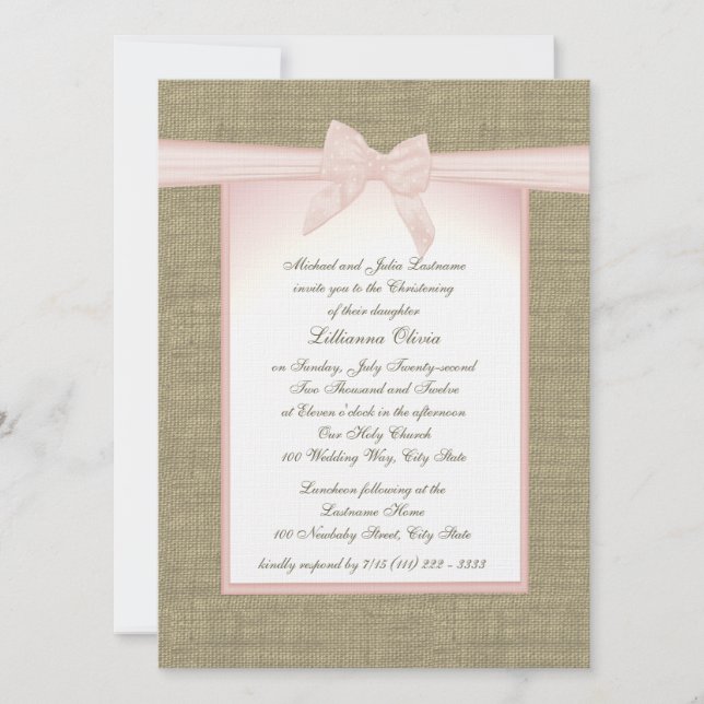 Burlap Baby Pink Christening Invitation (Front)