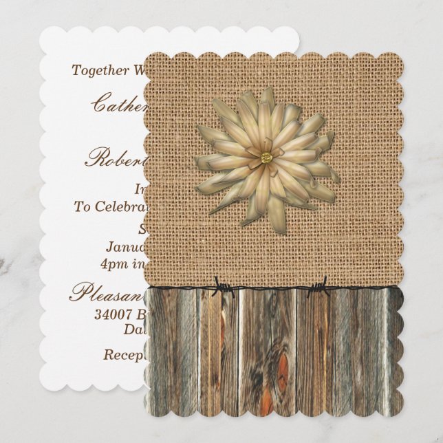 Burlap Barnwood Barbed Wire and Flower Invite (Front/Back)