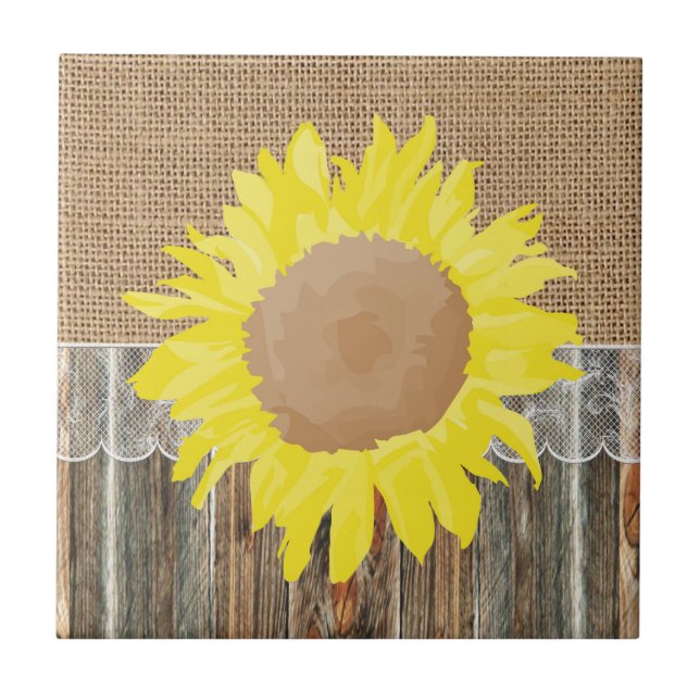 Burlap Barnwood Lace And Sunflower Ceramic Tile (Front)