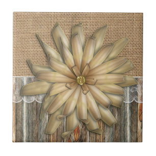Burlap Barnwood Lace And Tan Flower Ceramic Tile