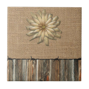 Burlap Barnwood Lace Barbed Wire And Tan Flower Ceramic Tile