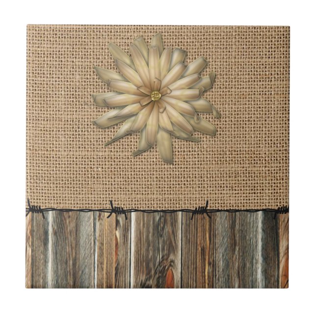 Burlap Barnwood Lace Barbed Wire And Tan Flower Ceramic Tile (Front)