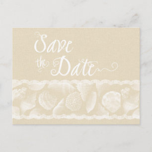 Burlap Beach Save the Date with Lace and Shells Announcement Postcard