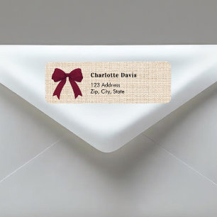 Burlap beige burgundy bow return address  label