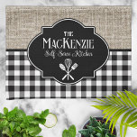 Burlap Black Buffalo Check Personalised Tea Towel<br><div class="desc">A fun design of faux burlap with a classic black and white buffalo check edging with your personalisation and white silhouettes of basic kitchen utensils.</div>