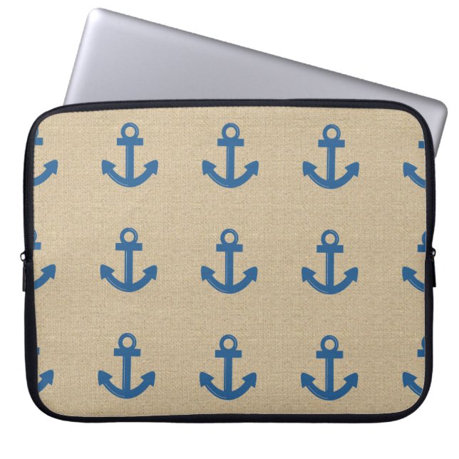 Burlap blue anchor laptop sleeve (Front)