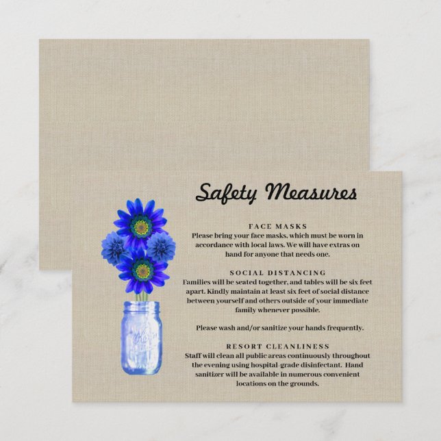 Burlap Blue Floral Mason Jar Safety Measures Enclosure Card (Front/Back)