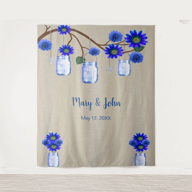 Burlap Blue Floral Mason Jars Photo Backdrop Tapestry (Front)