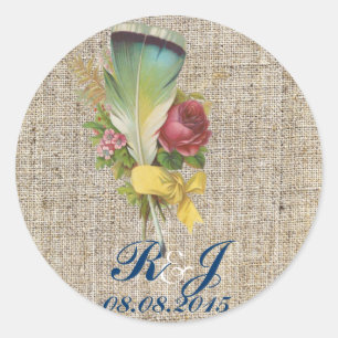 burlap boho feather wildflower bohemian wedding classic round sticker